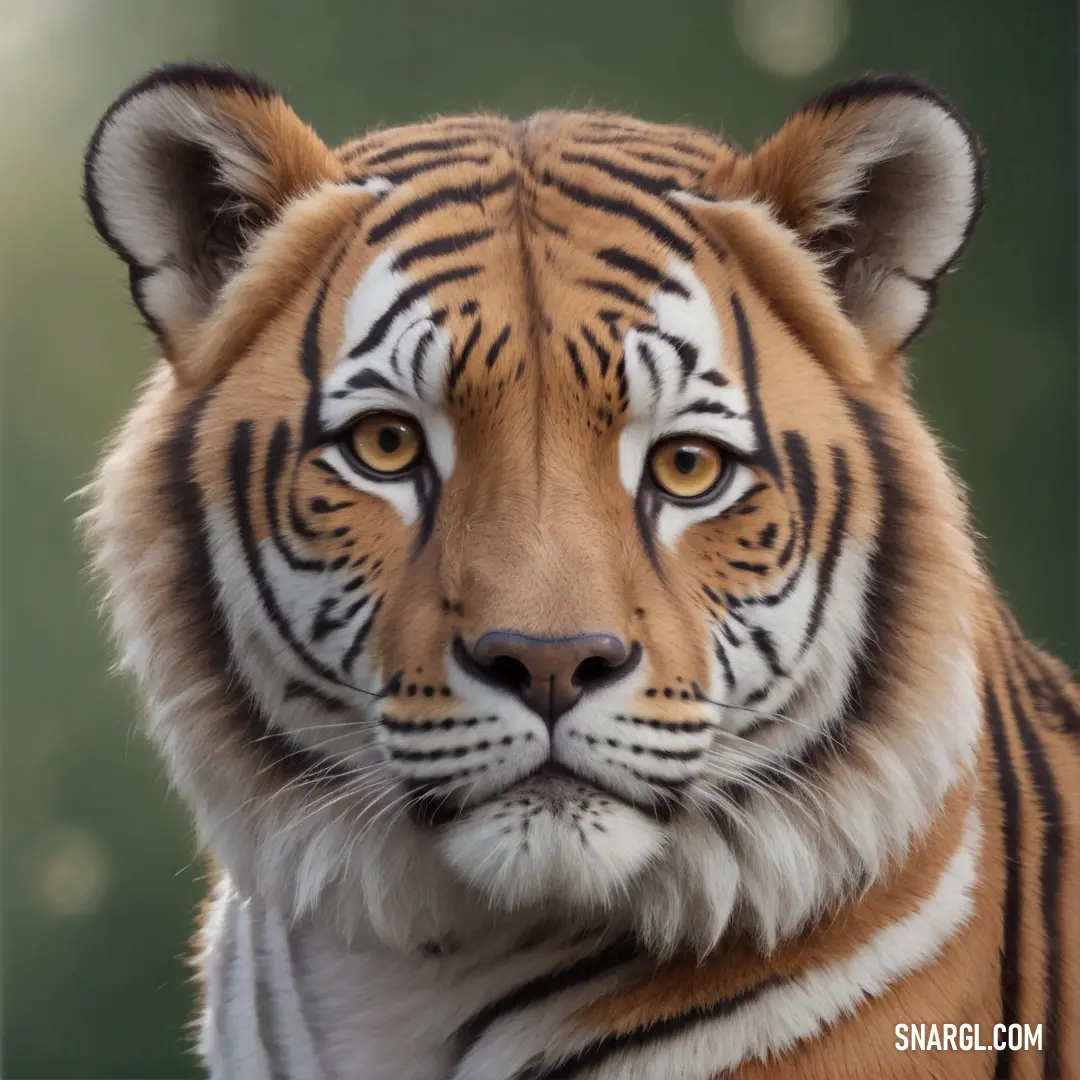 Close up of a tiger's face with a blurry background. Example of NCS S 3020-Y40R color.