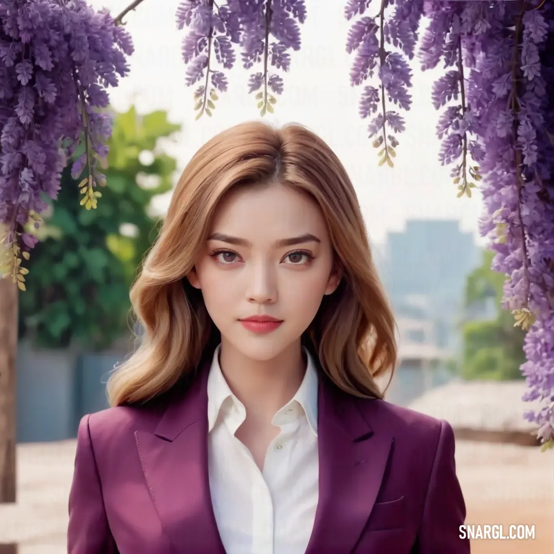 Woman in a purple suit and white shirt under a purple flower tree with purple flowers on it's branches. Example of RGB 184,143,102 color.