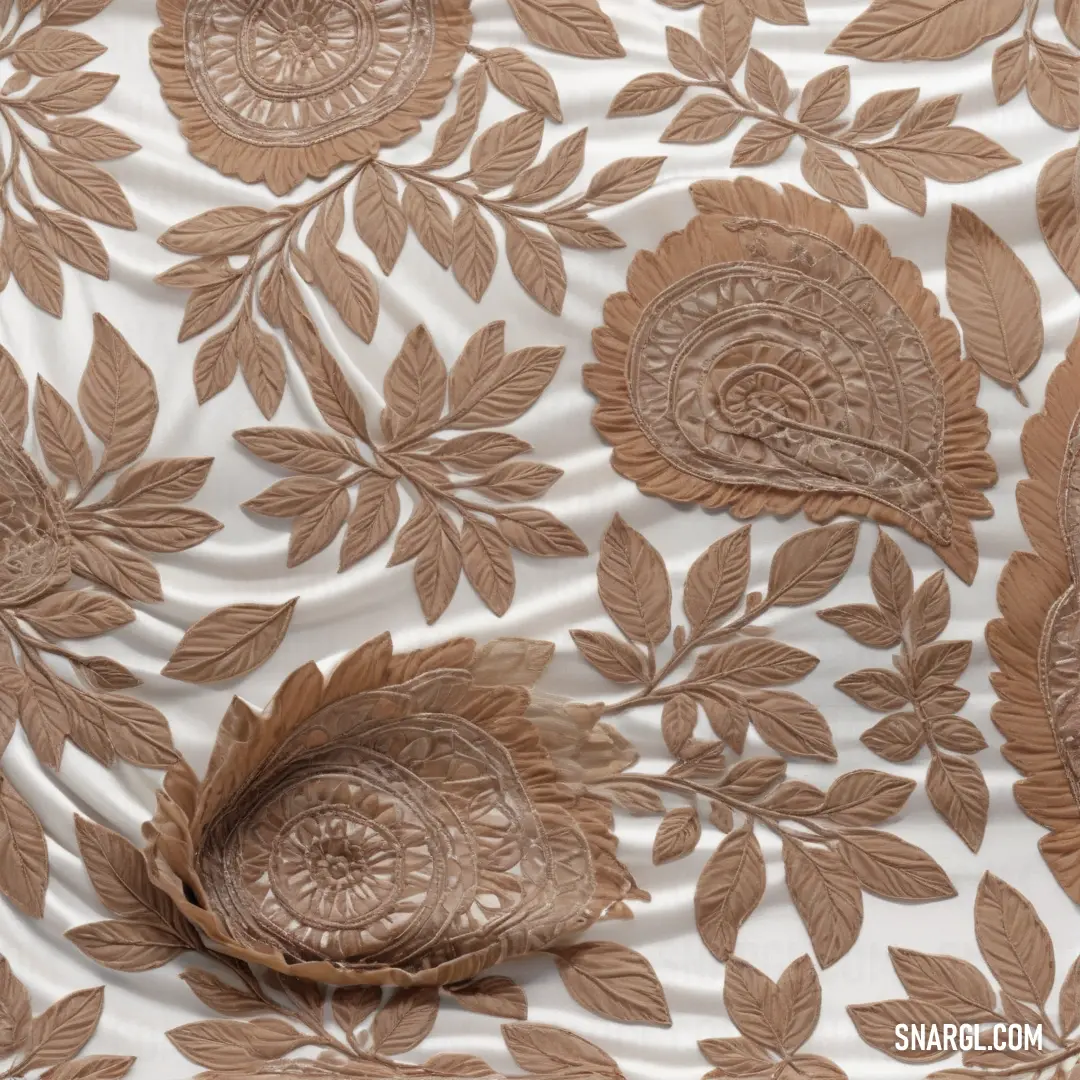 NCS S 3020-Y60R color. Close up of a fabric with a flower design on it and a leaf pattern on it, with a white background