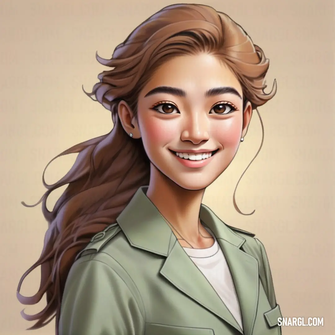 Digital painting of a woman with long hair and a green jacket on her shoulders. Color #B78A6E.