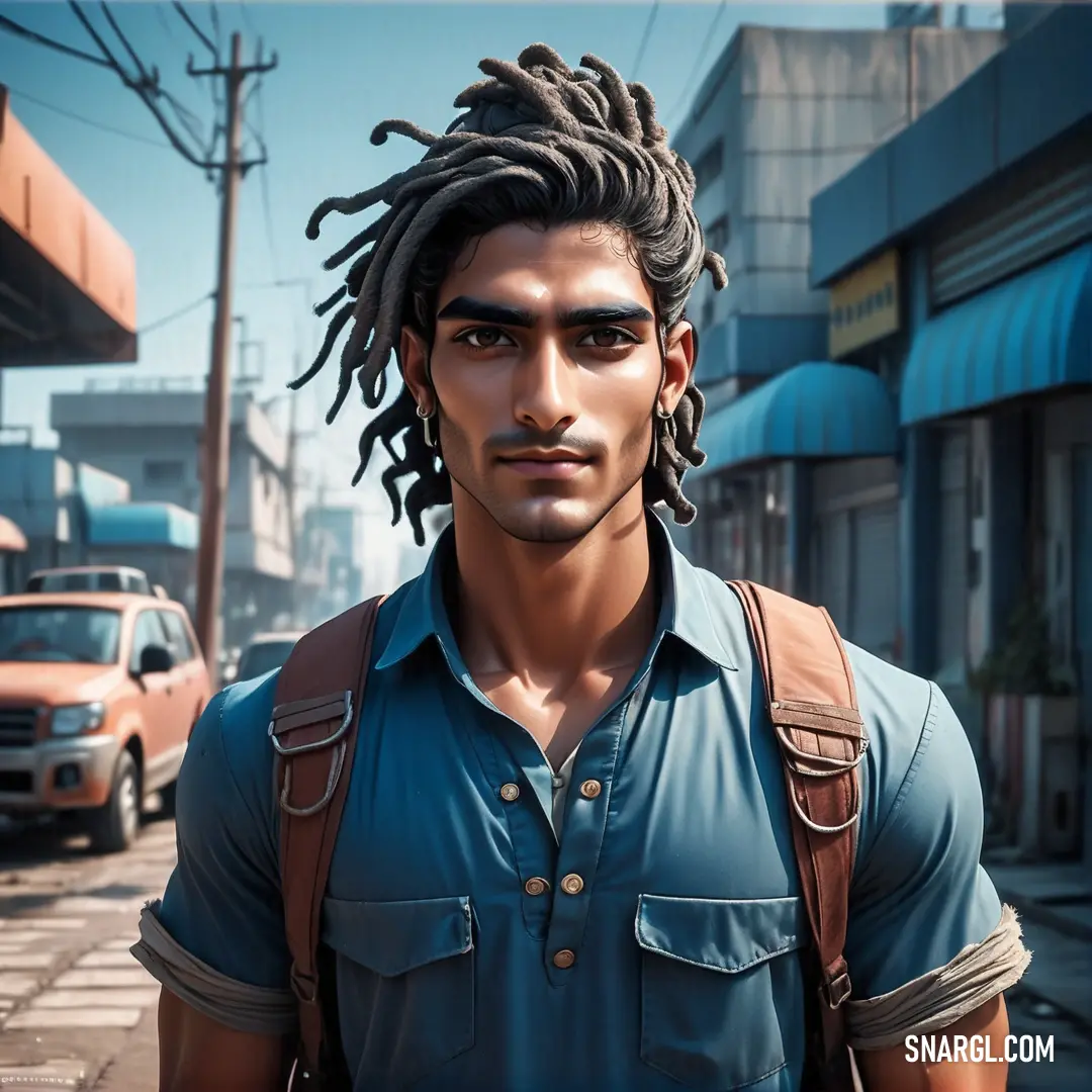 Man with dreadlocks standing in front of a building on a street corner with a truck in the background. Color CMYK 0,40,40,27.
