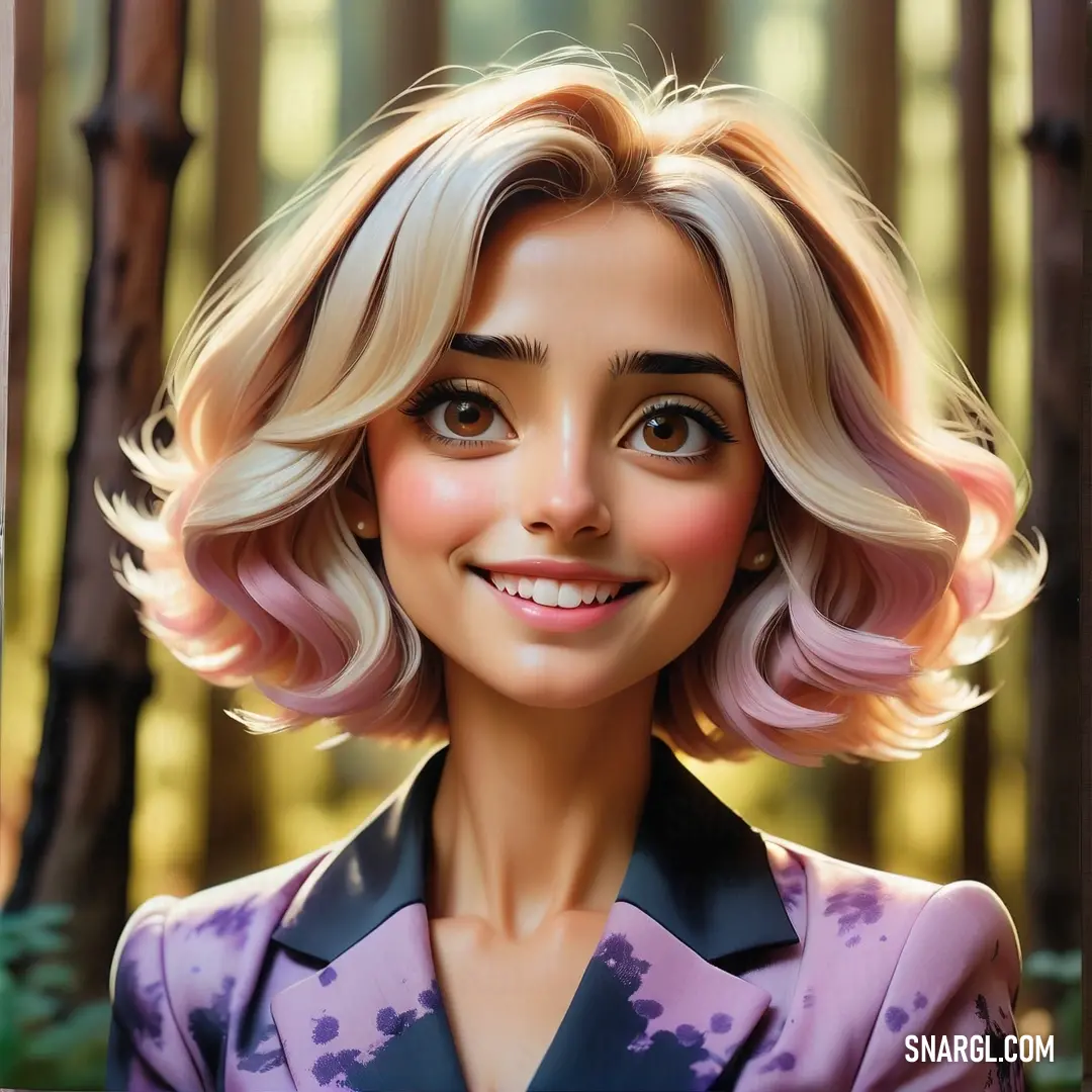 Cartoon of a woman with blonde hair and a purple shirt smiling at the camera with trees in the background. Color RGB 177,127,114.