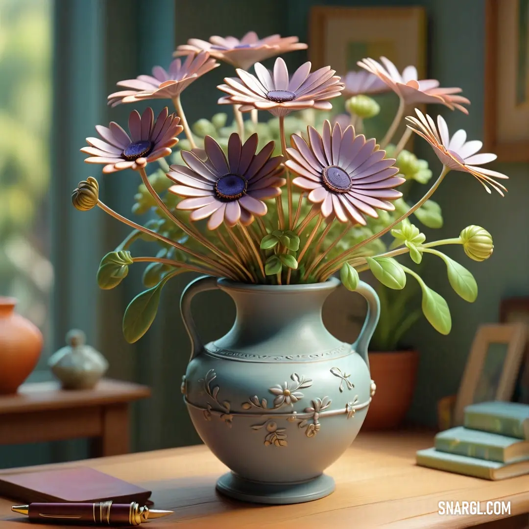 Vase with flowers on a table next to a book and a pen and a picture frame on the wall. Color RGB 177,127,114.