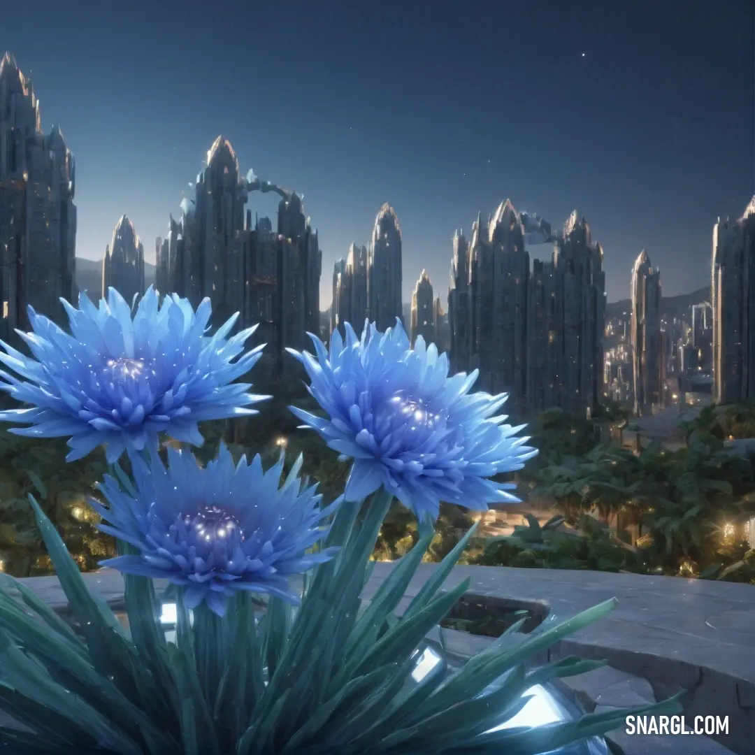 NCS S 3030-B color example: Blue flower in a vase with a city in the background