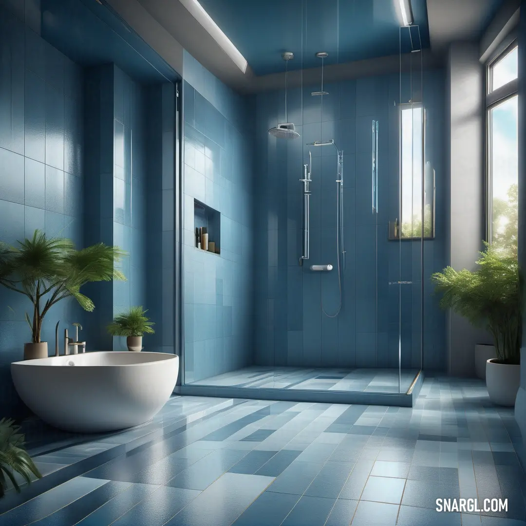 Bathroom with a blue tiled floor and walls and a large shower with a glass door and a plant in the corner. Color #54859A.