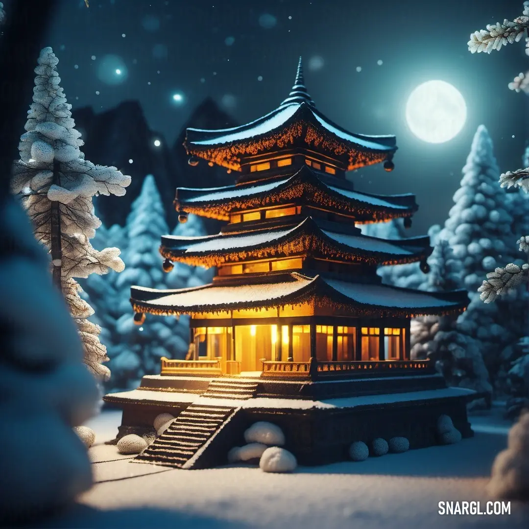 NCS S 3030-B color example: Snow covered pagoda in the middle of a forest at night with a full moon in the background