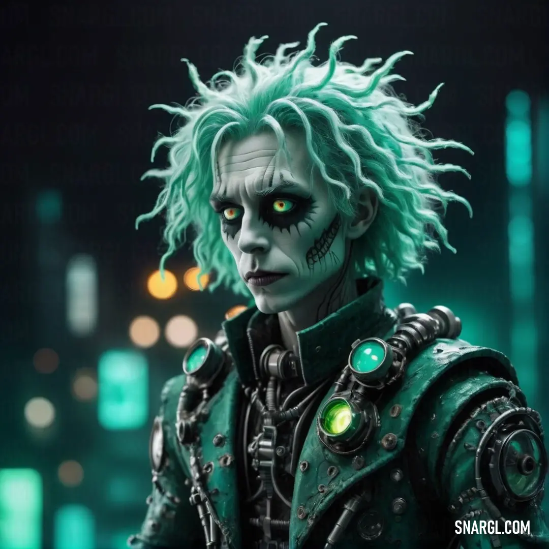 Man with green hair and green eyes in a dark city at night with neon lights on his face. Color NCS S 3030-B40G.
