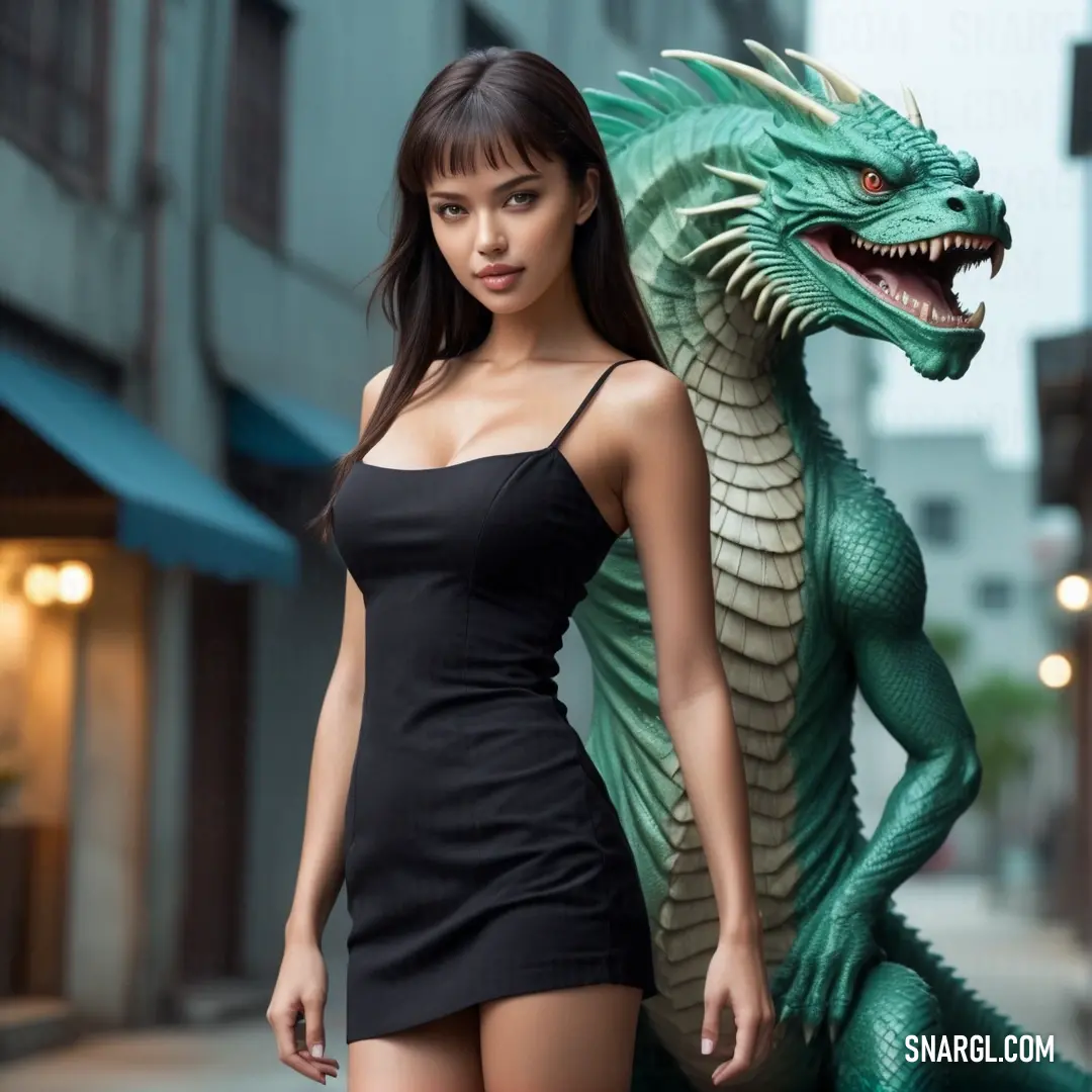 Woman in a short dress standing next to a statue of a dragon. Example of #419F90 color.
