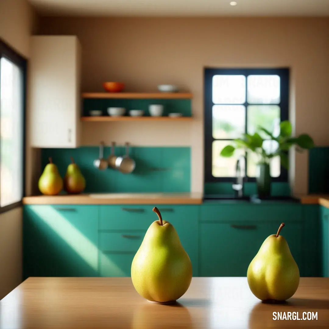 Two pears on a table in a kitchen with green cabinets and a window in the background. Color #419F90.