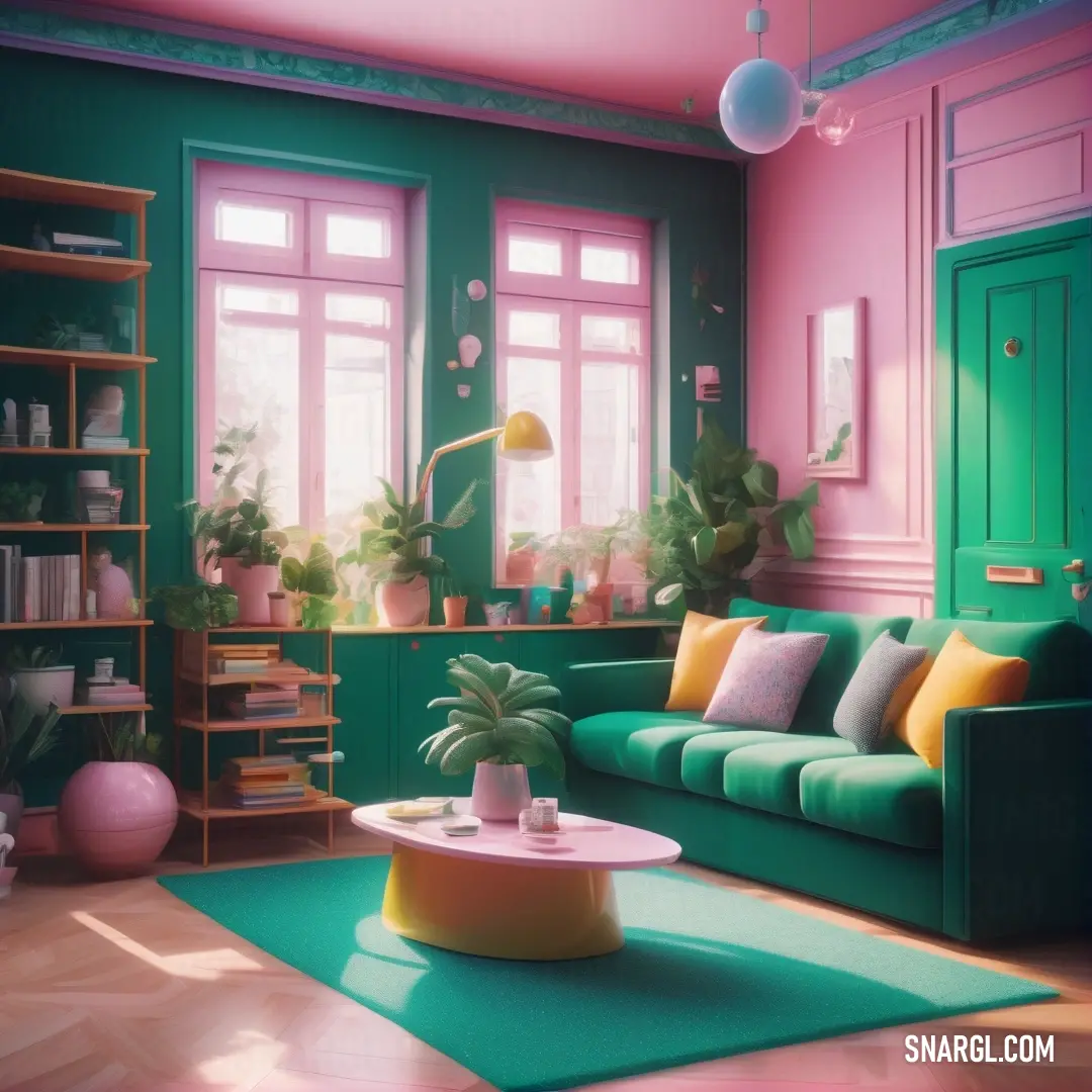 Living room with a green couch and a pink wall and a green door and window with a potted plant. Example of RGB 58,160,141 color.