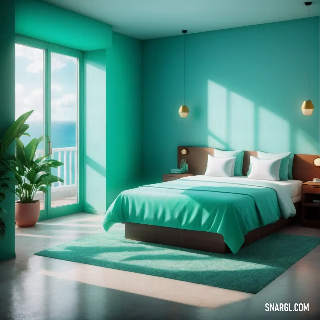 Bedroom with a bed and a green wall and a plant in the corner of the room with a large window. Color NCS S 3030-B70G.