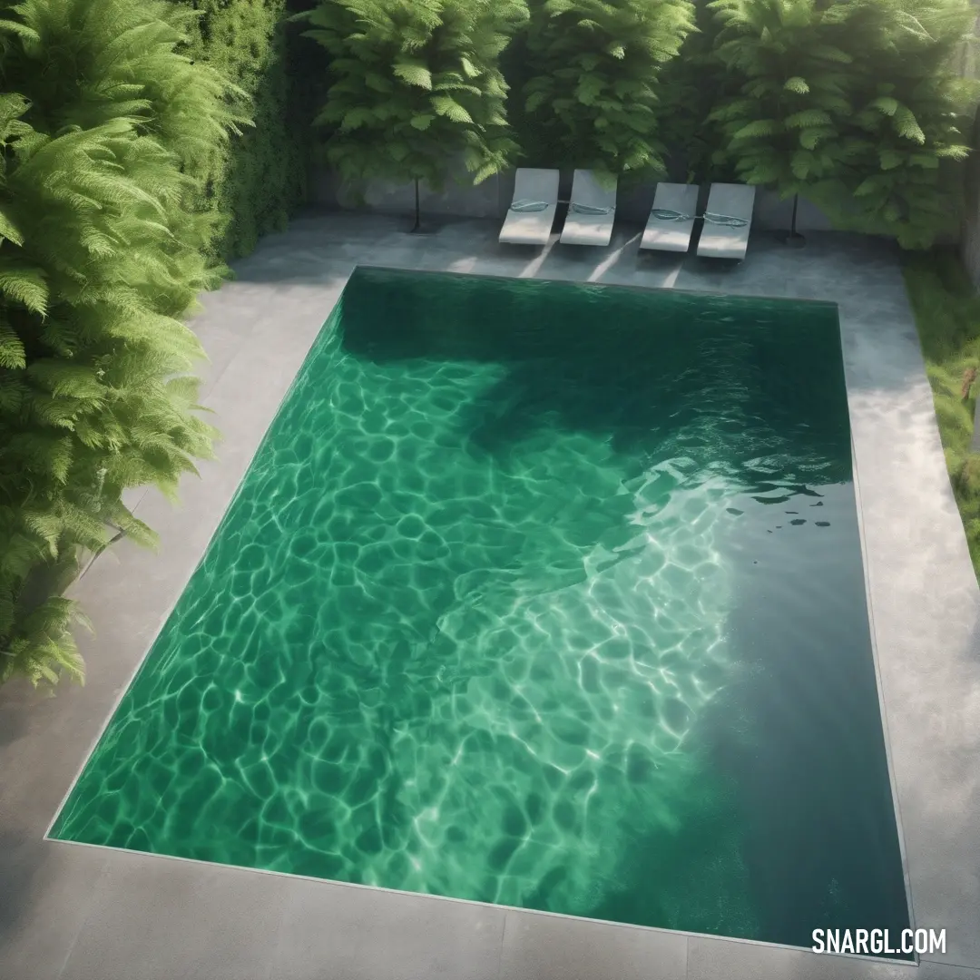 Pool with a green water and some chairs around it and trees around it and a wall of bushes. Color RGB 58,160,141.