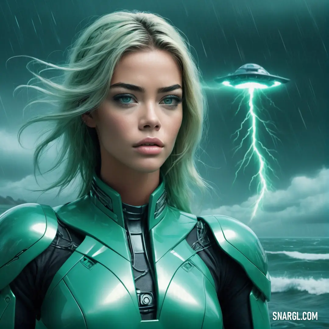 Woman in a green suit standing in the rain with a green alien ship in the background. Example of CMYK 70,0,43,20 color.