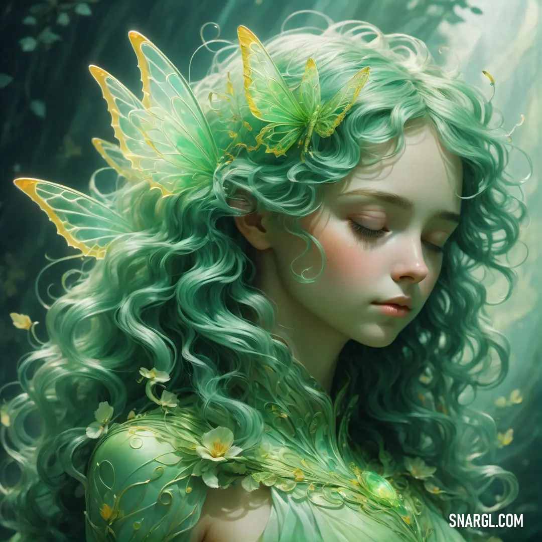 NCS S 3030-B90G color. Painting of a girl with green hair and a butterfly on her head
