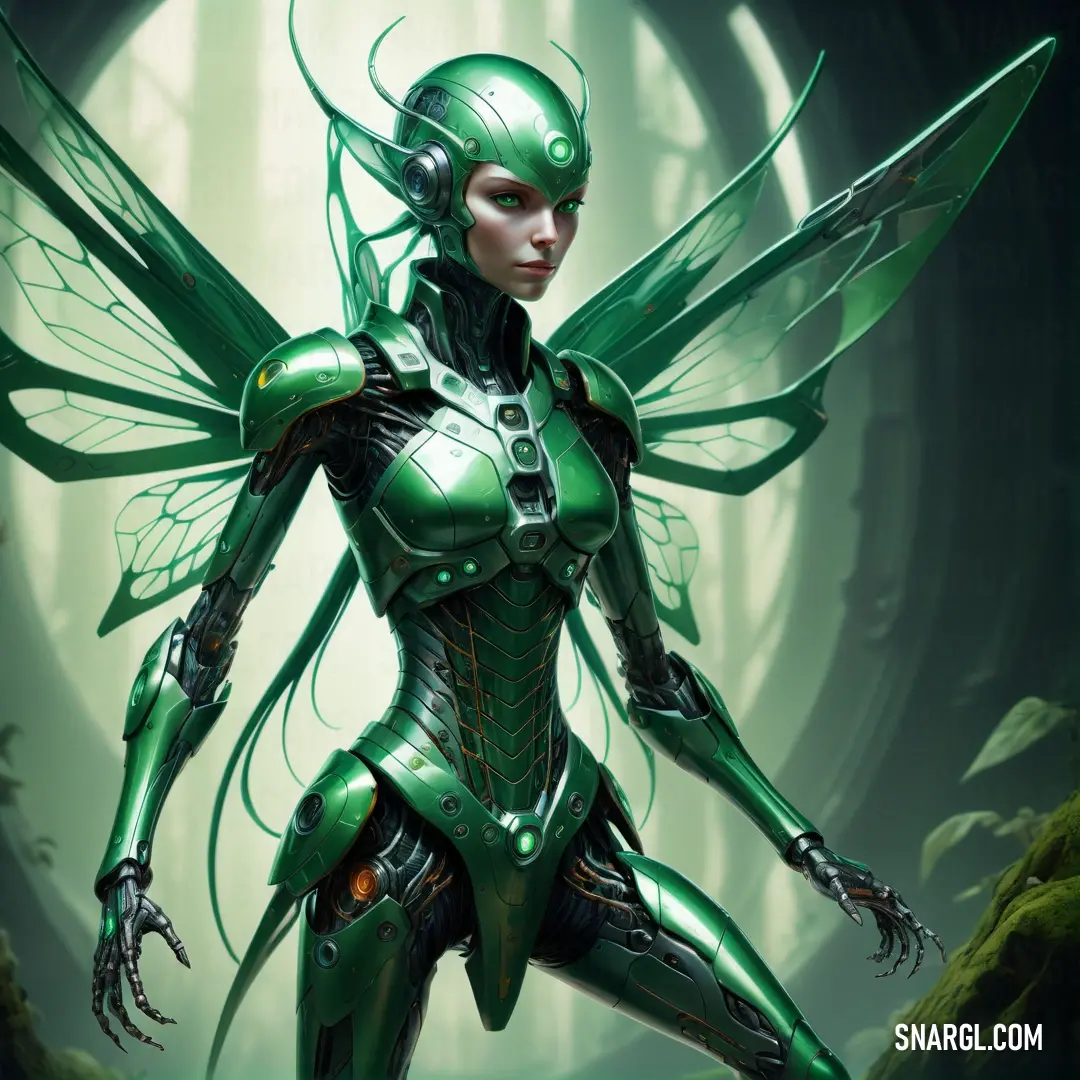 Woman in a green suit with wings and a helmet on her head and a green body. Color RGB 63,157,119.