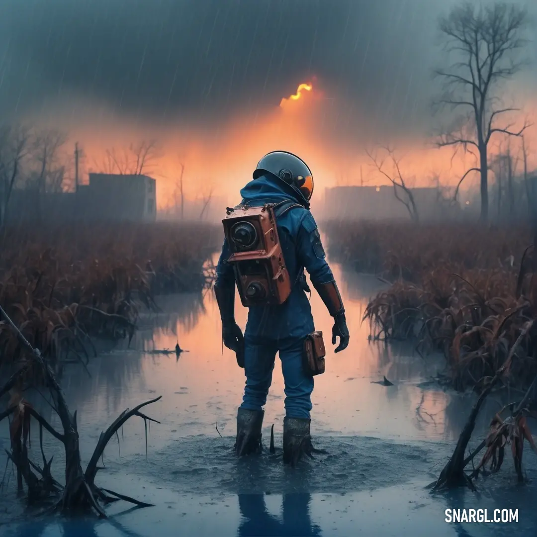 Man in a blue suit and a backpack standing in a swampy area with a sunset in the background. Example of NCS S 3030-R color.