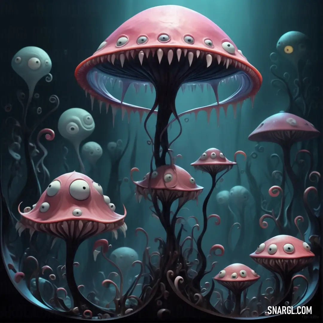 Painting of a group of mushrooms with a shark's mouth on it's side and a light shining on them. Color RGB 163,101,99.