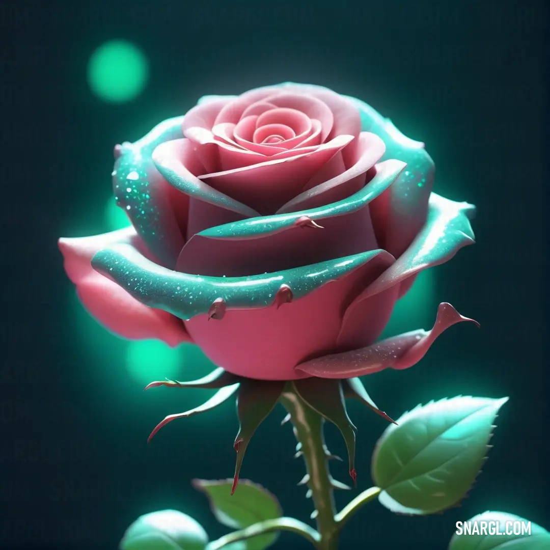 Pink rose with water droplets on it's petals and a green background. Example of NCS S 3030-R10B color.