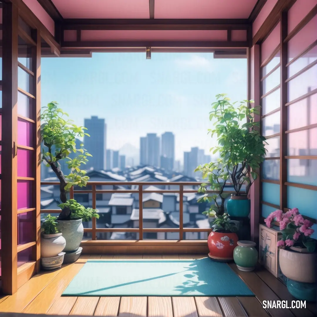Room with a view of a city and a balcony with potted plants on the floor. Example of NCS S 3030-R10B color.