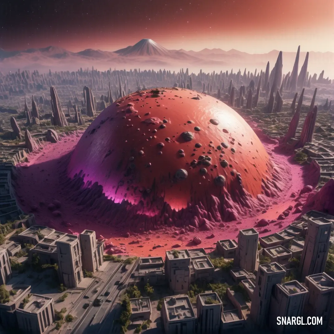 NCS S 3030-R20B color. Futuristic city with a giant red object in the middle of it's landscape