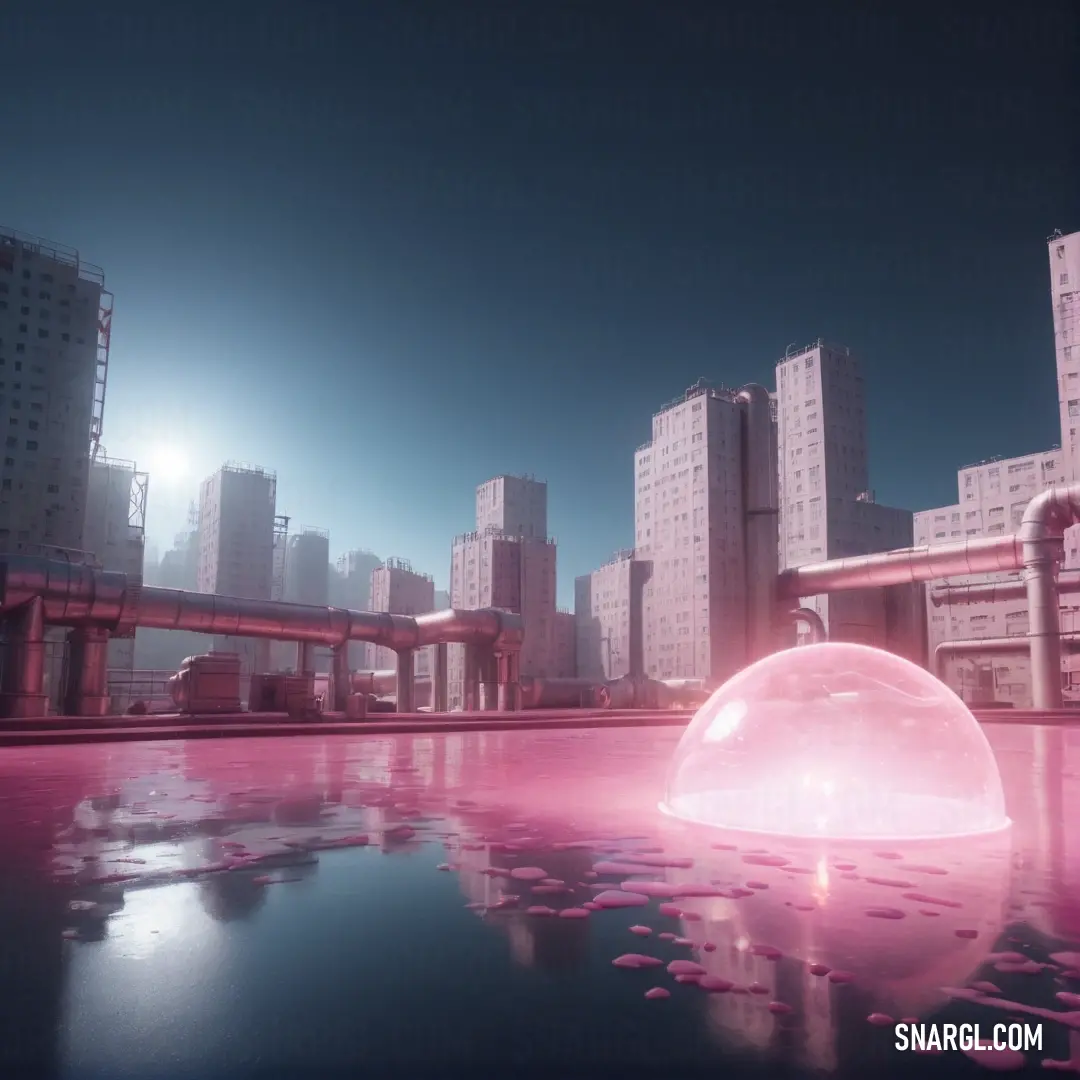 Large bubble floating in a pool of water in front of a cityscape with tall buildings in the background. Example of RGB 154,93,115 color.