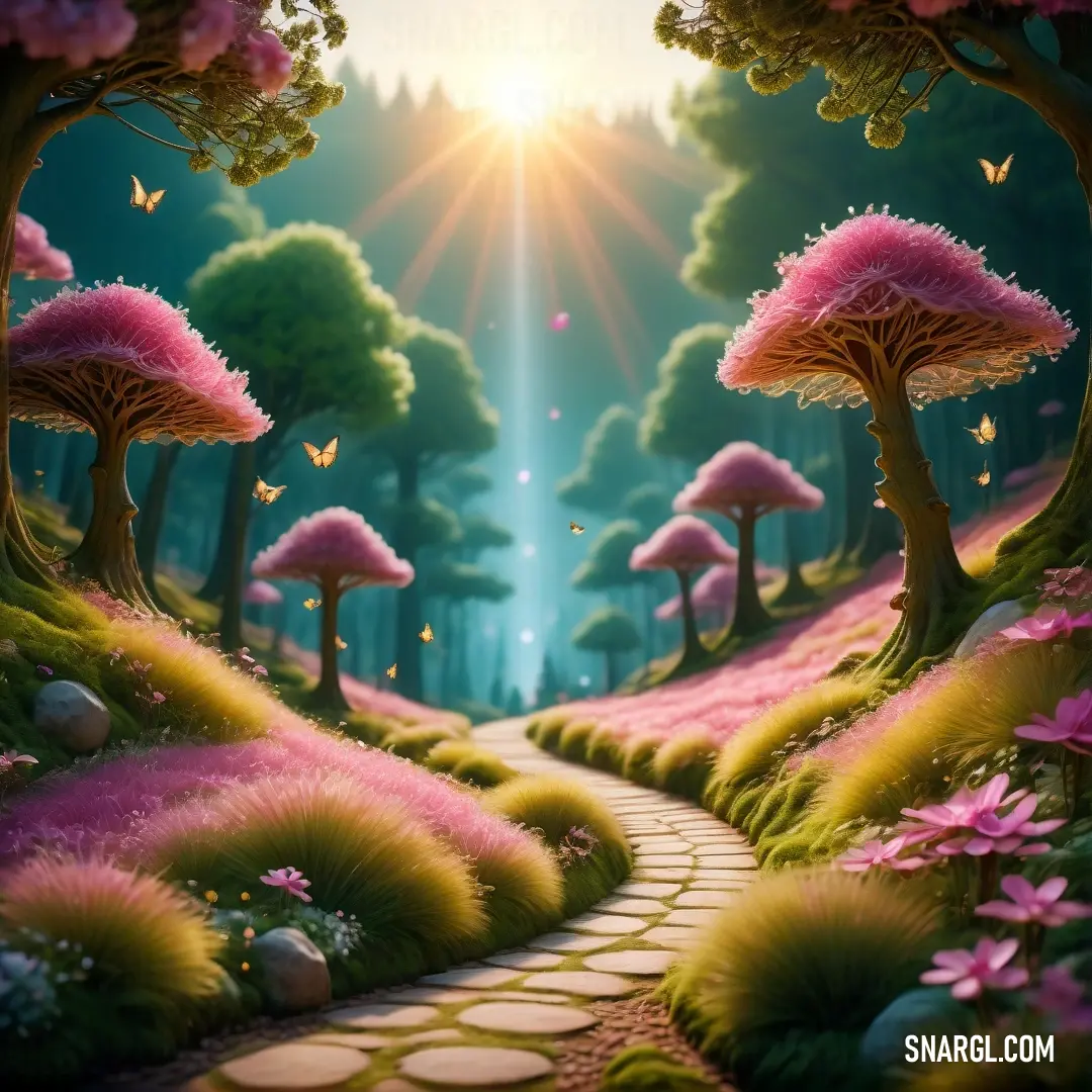 Painting of a path leading to a forest with pink flowers and trees on either side of it and a bright sun shining through the sky