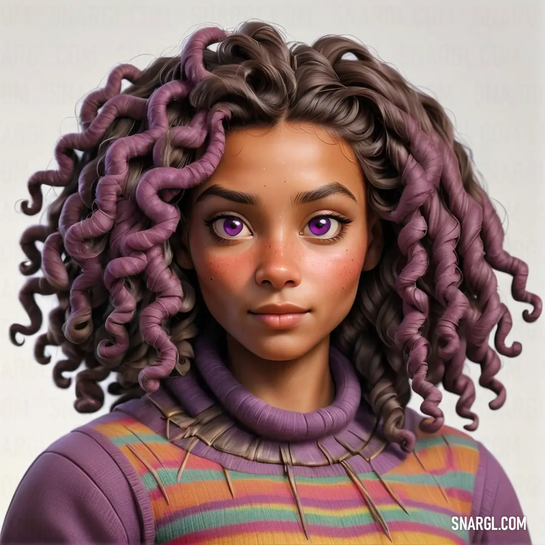 Woman with purple hair and a purple sweater is looking at the camera with a serious look on her face. Example of #9A5D73 color.