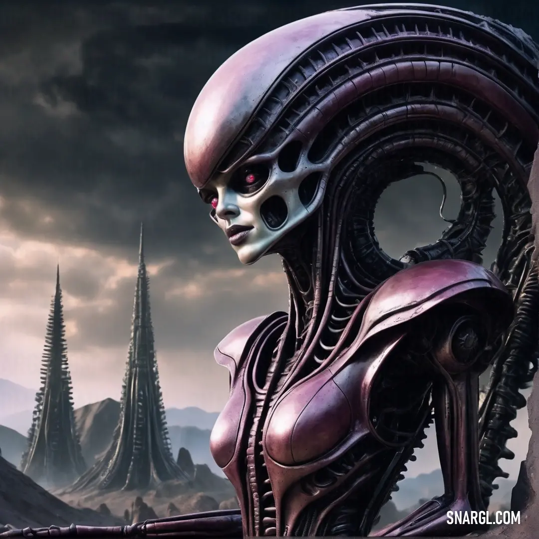 Futuristic alien woman with a futuristic city in the background. Color NCS S 3030-R30B.