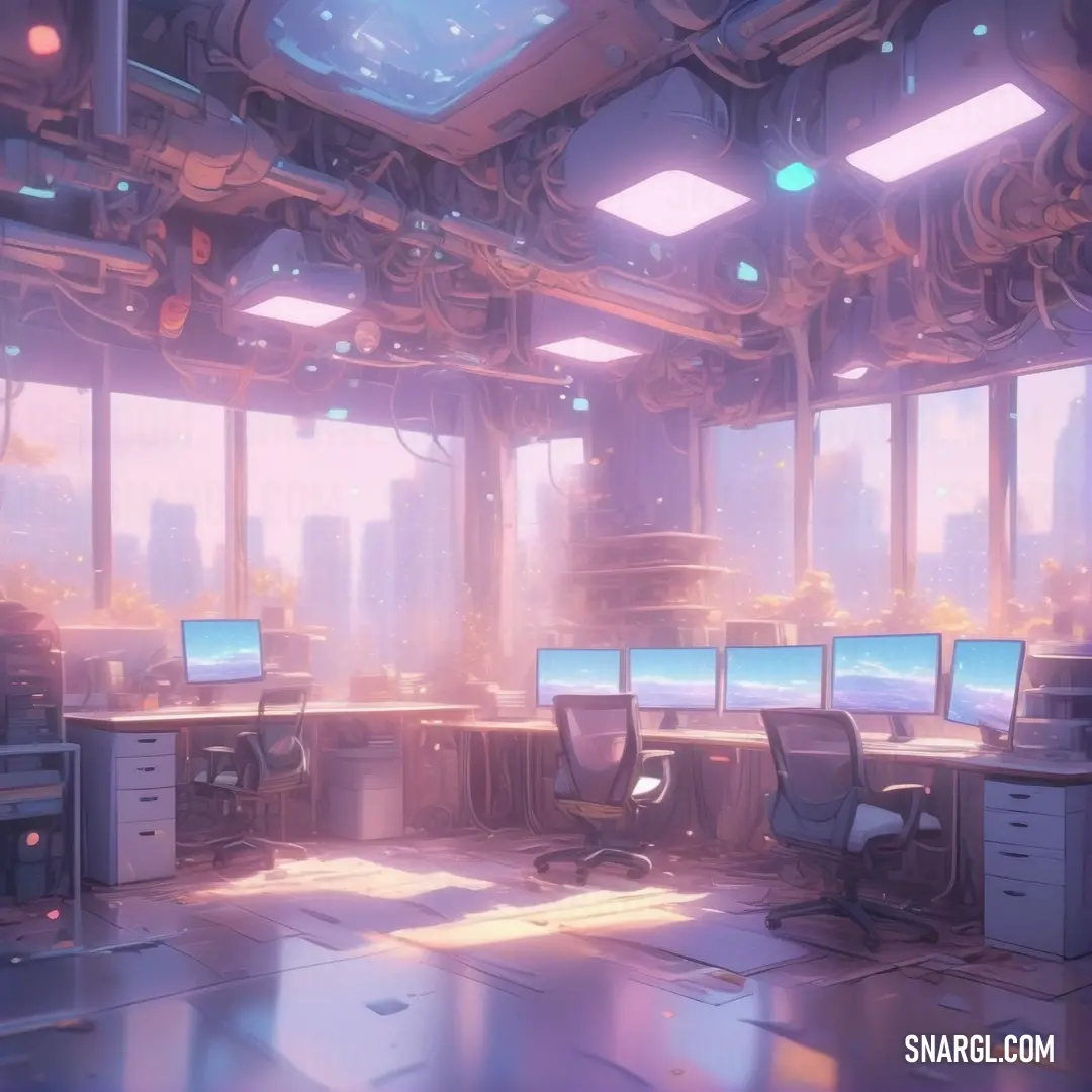Futuristic office with multiple computers and monitors in the room with a view of the city outside the window. Example of RGB 159,98,128 color.