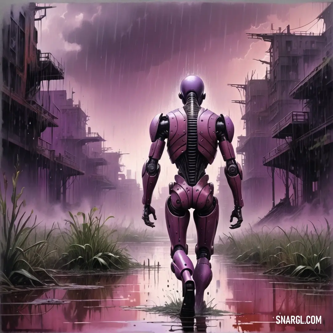 Robot walking through a flooded area in a city with buildings and a sky background. Color #9F6280.