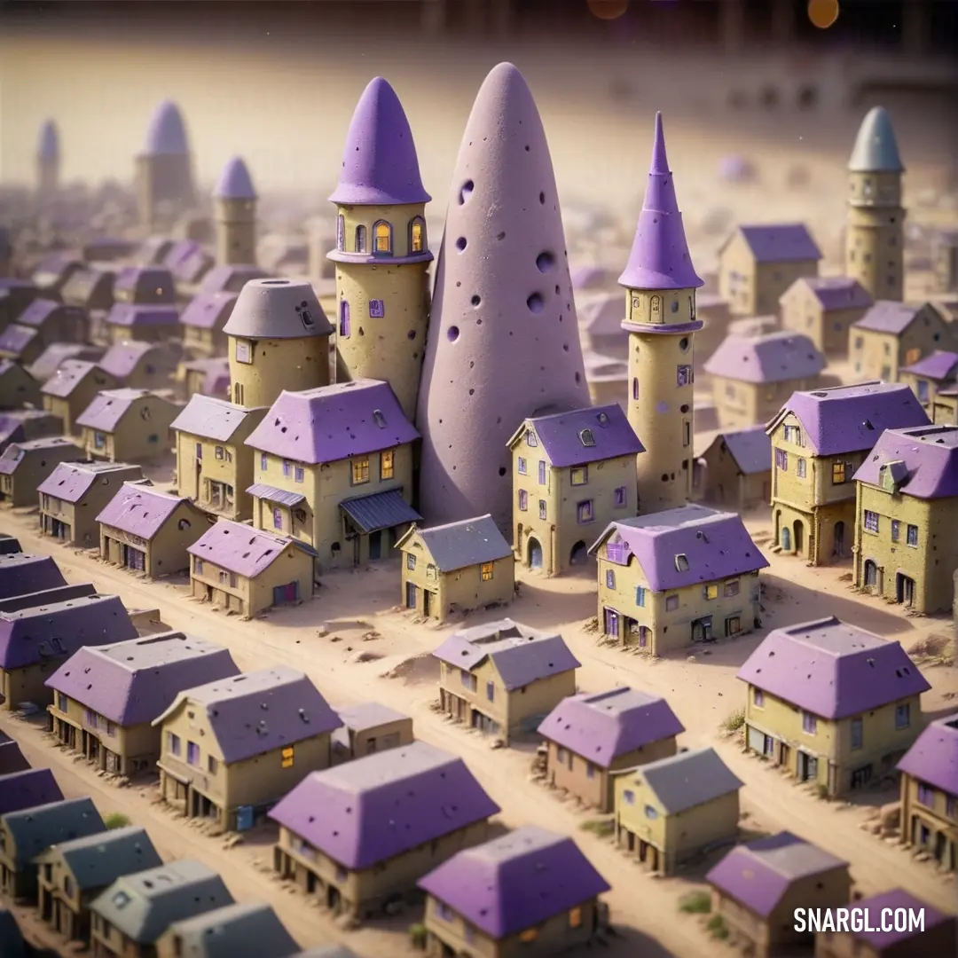Model of a town with a lot of buildings and towers on it's sides and a sky background. Color NCS S 3030-R50B.