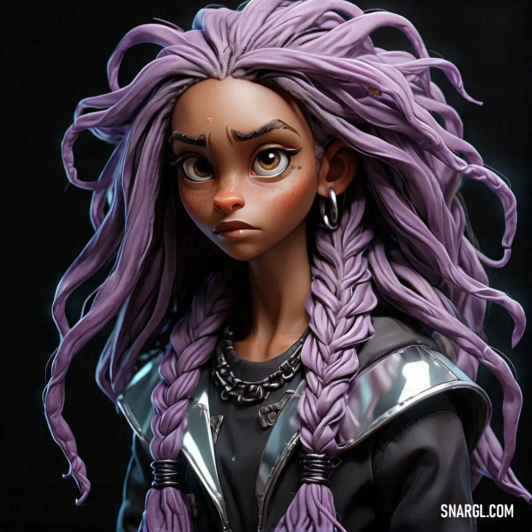 Doll with purple hair and a black shirt and a chain necklace and earrings on her face and chest. Example of CMYK 35,52,0,15 color.