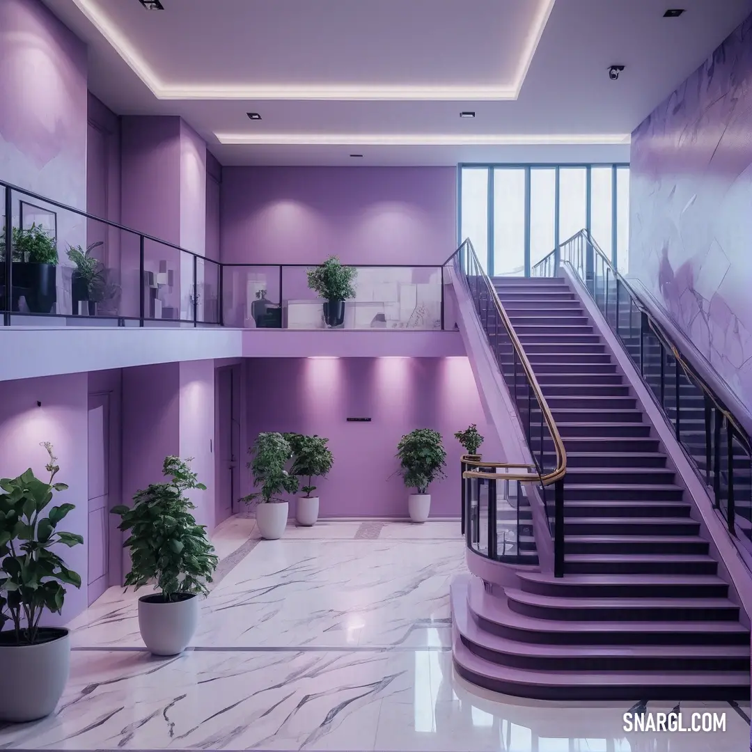 Purple staircase in a building with potted plants on the side of it. Example of #A075AF color.