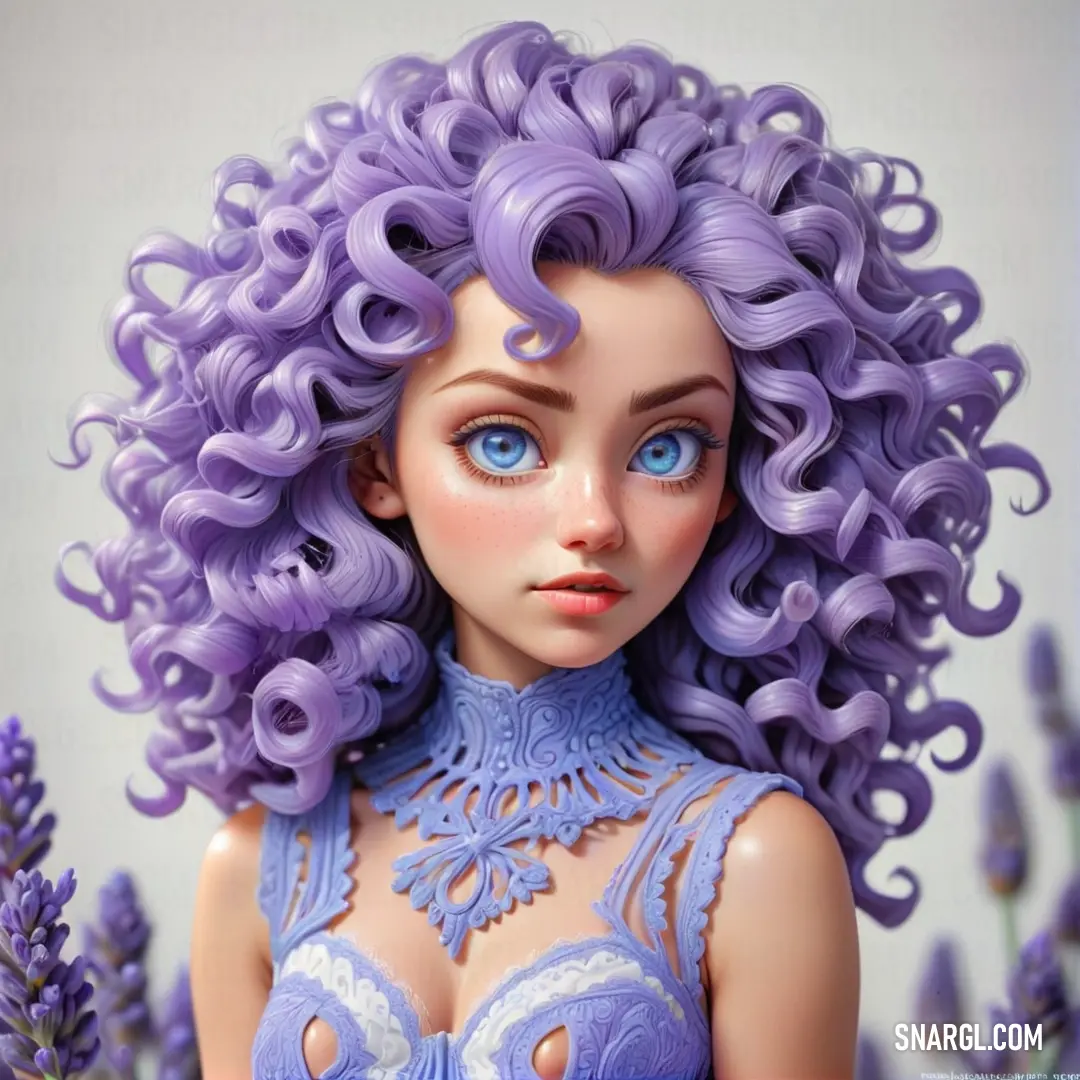 Doll with purple hair and blue eyes is posed in a lavender field of lavender flowers. Example of NCS S 3030-R60B color.