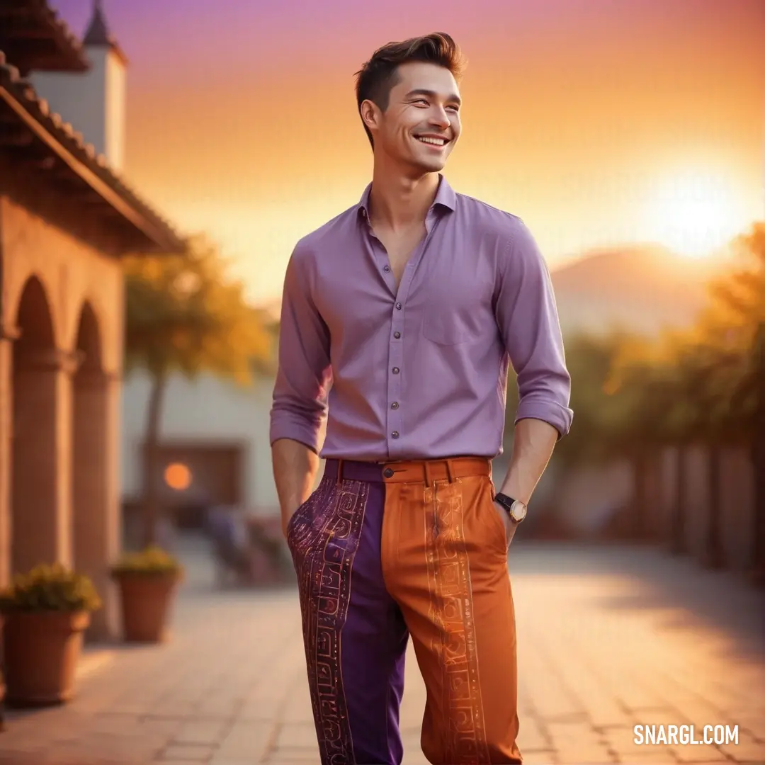 NCS S 3030-R60B color example: Man in a purple shirt and orange pants standing on a sidewalk with a smile on his face