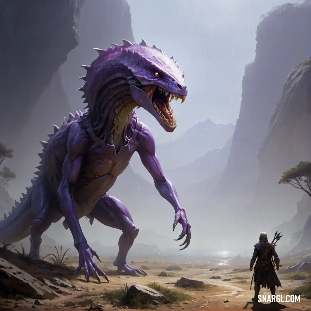 Man standing next to a purple dragon in a desert area with mountains in the background. Color #8573AA.