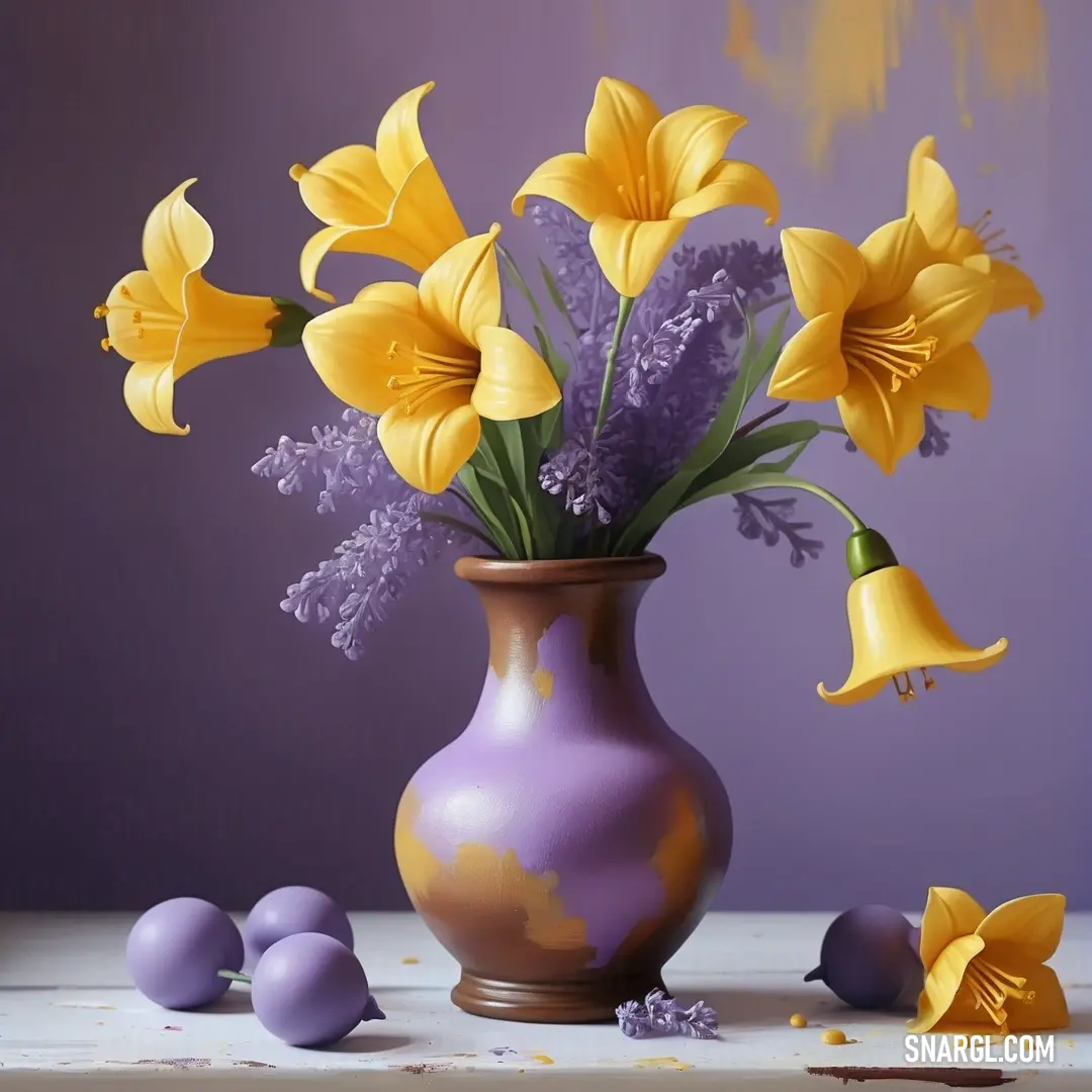 Painting of a vase with yellow flowers and purple eggs on a table. Example of CMYK 47,49,0,17 color.