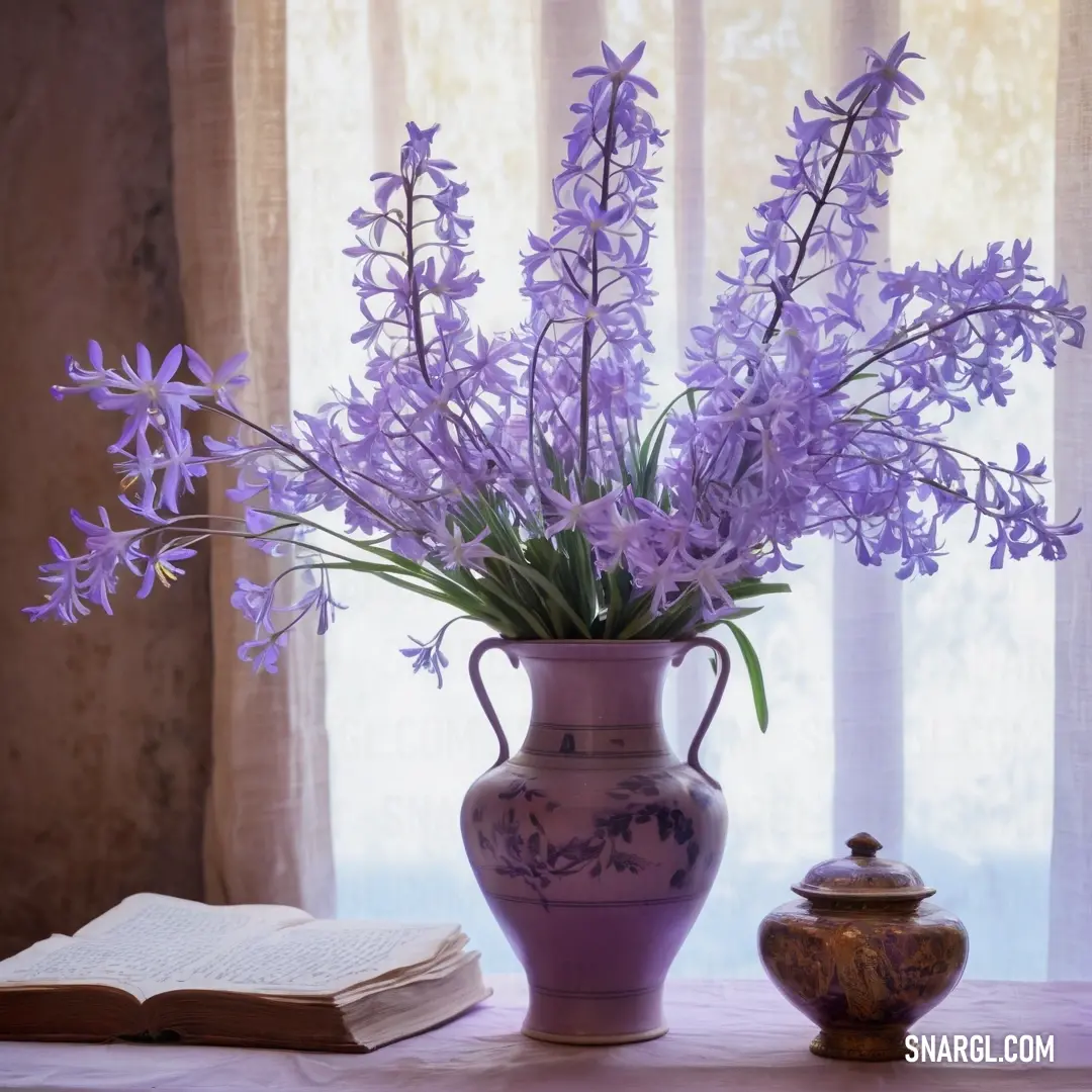 Vase with purple flowers and a book on a table with a window behind it. Color CMYK 47,49,0,17.
