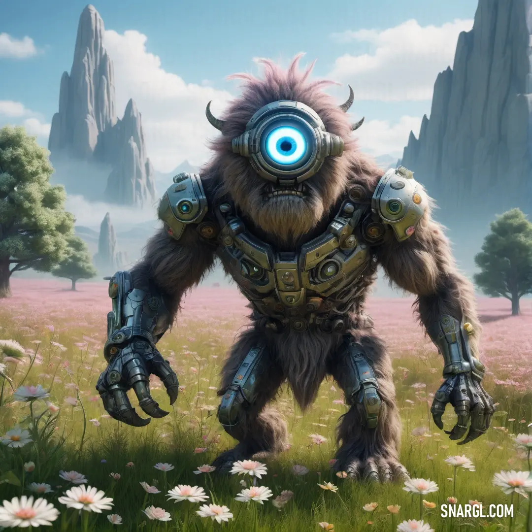Computer generated image of a monster with a huge eyeball in a field of flowers and grass with mountains in the background