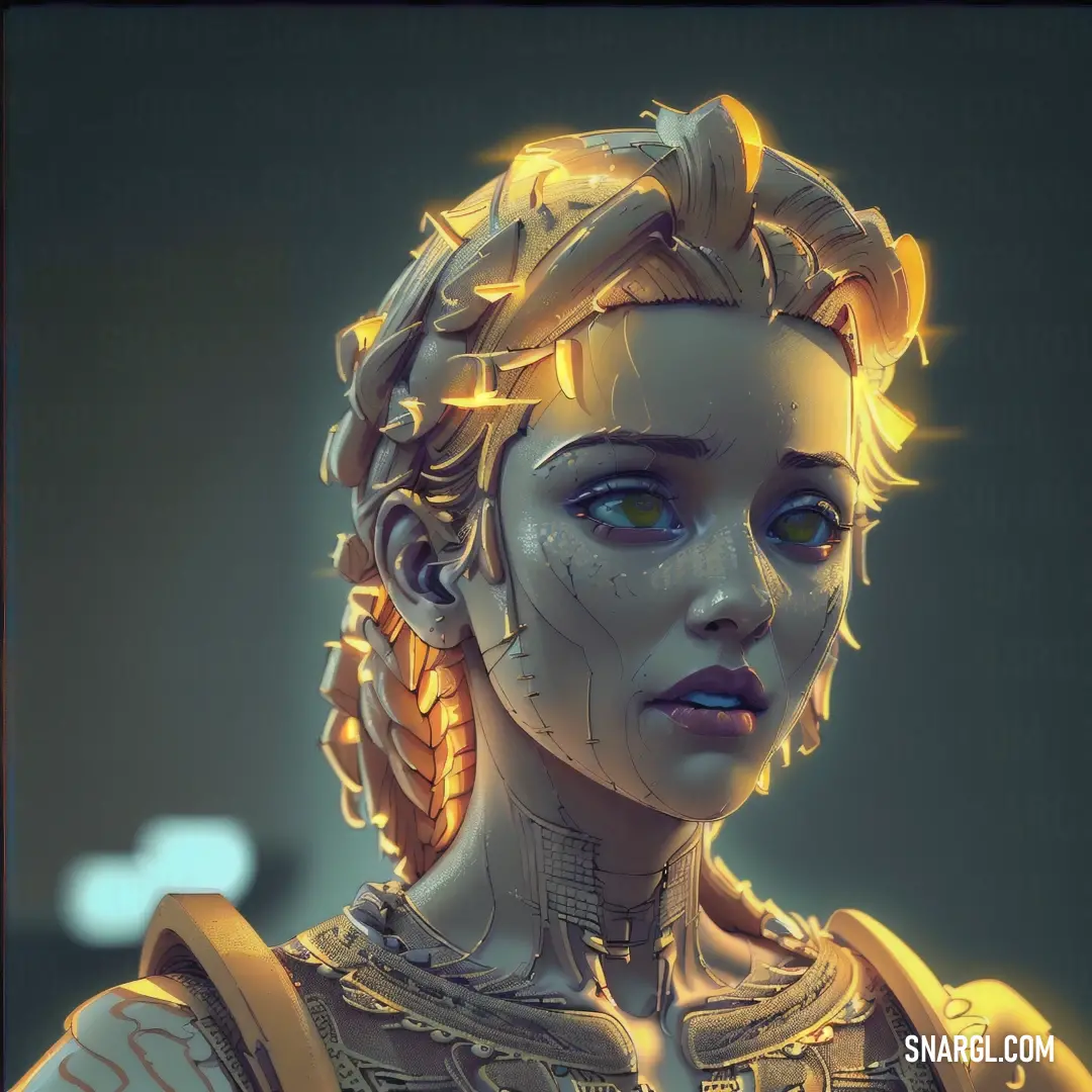 Digital painting of a woman with a braid in her hair and a gold dress with a bird on her shoulder. Color CMYK 0,12,60,33.