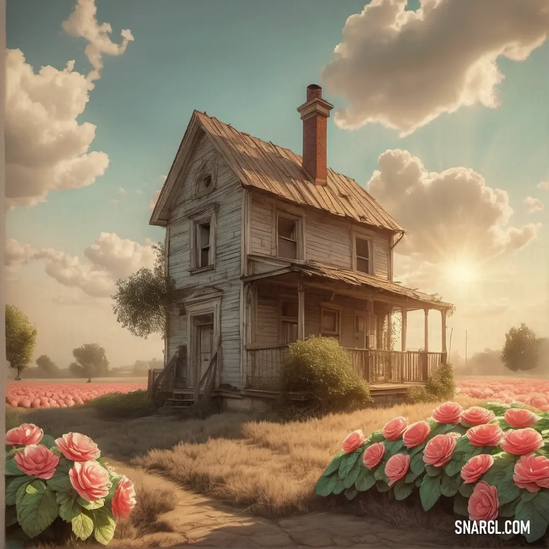 Painting of a house in a field of flowers with a sunset in the background. Color CMYK 0,12,60,33.