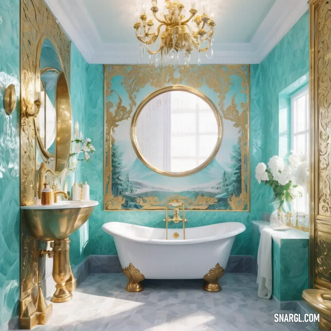 Bathroom with a tub, sink, mirror and a chandelier in it's centerpiece. Color NCS S 3030-Y10R.