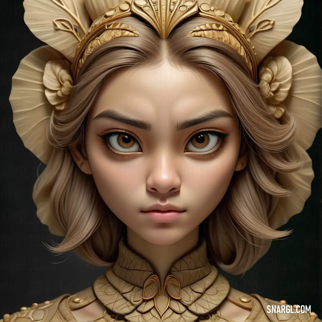 Digital painting of a woman with a golden headpiece and a golden dress on her head and a black background. Example of NCS S 3030-Y20R color.