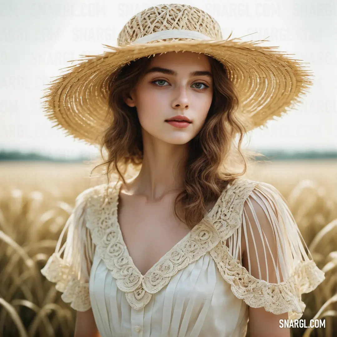 Woman wearing a straw hat in a field of wheat, with a blue sky in the background. Example of NCS S 3030-Y20R color.