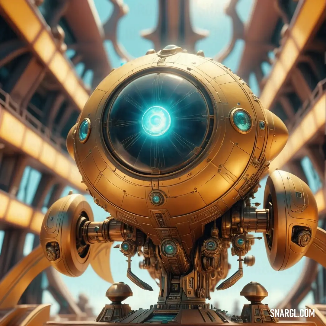 Futuristic looking machine with a blue light in the center of it's body and a circular object in the middle of the frame