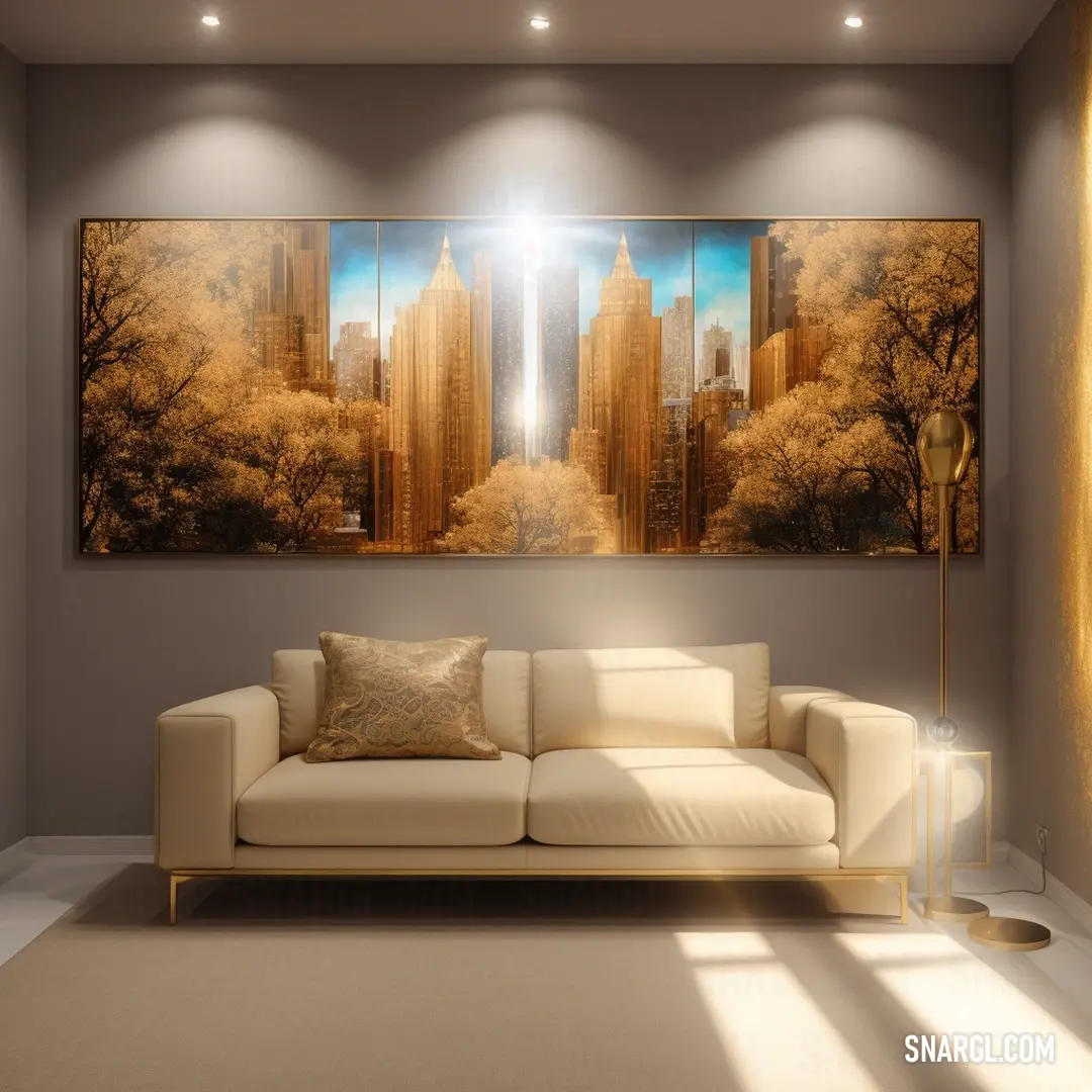 Living room with a couch and a painting on the wall above it that has a city scene on it. Color CMYK 0,40,68,25.