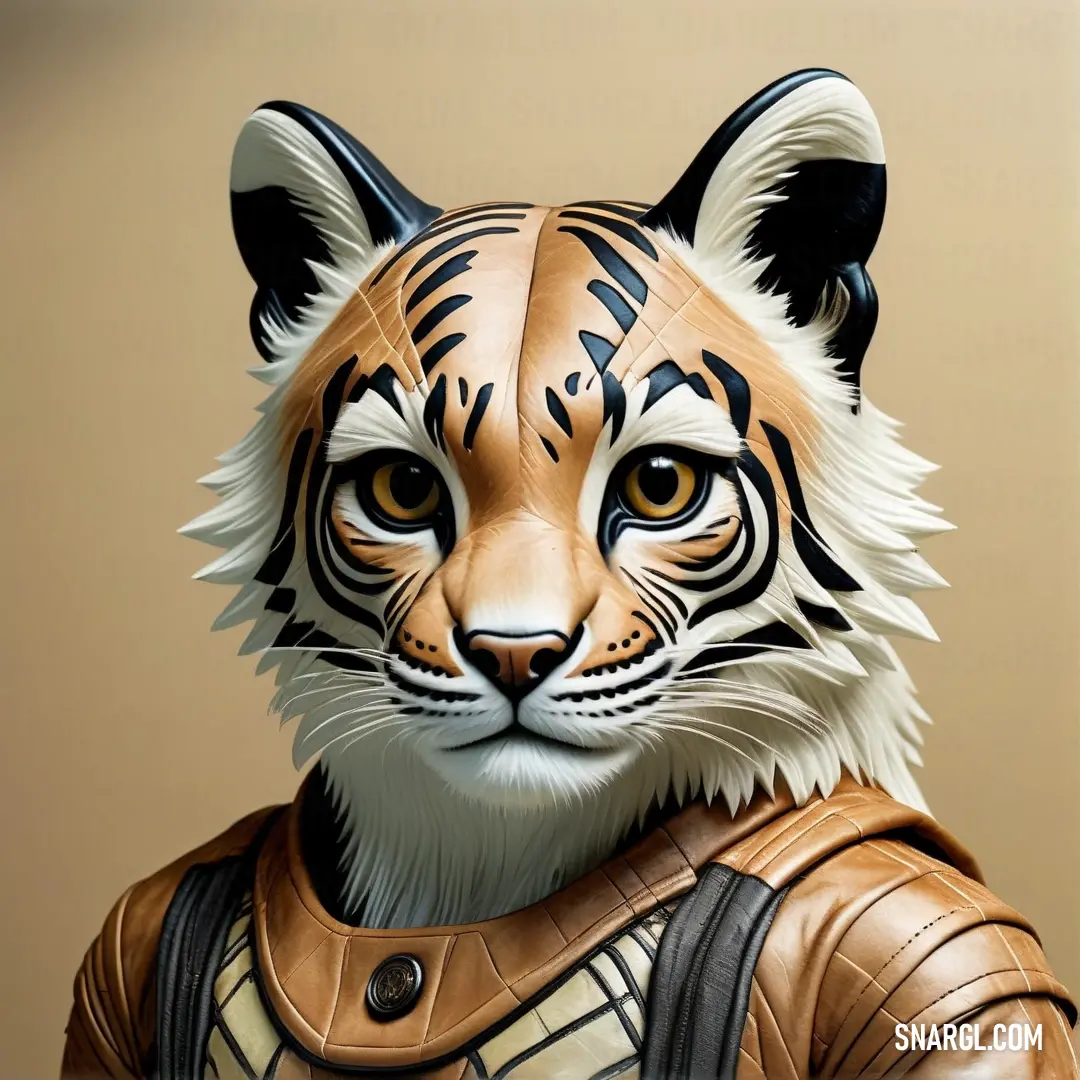 Tiger wearing a leather jacket and a leather jacket with a leather jacket on it's chest. Example of NCS S 3030-Y30R color.