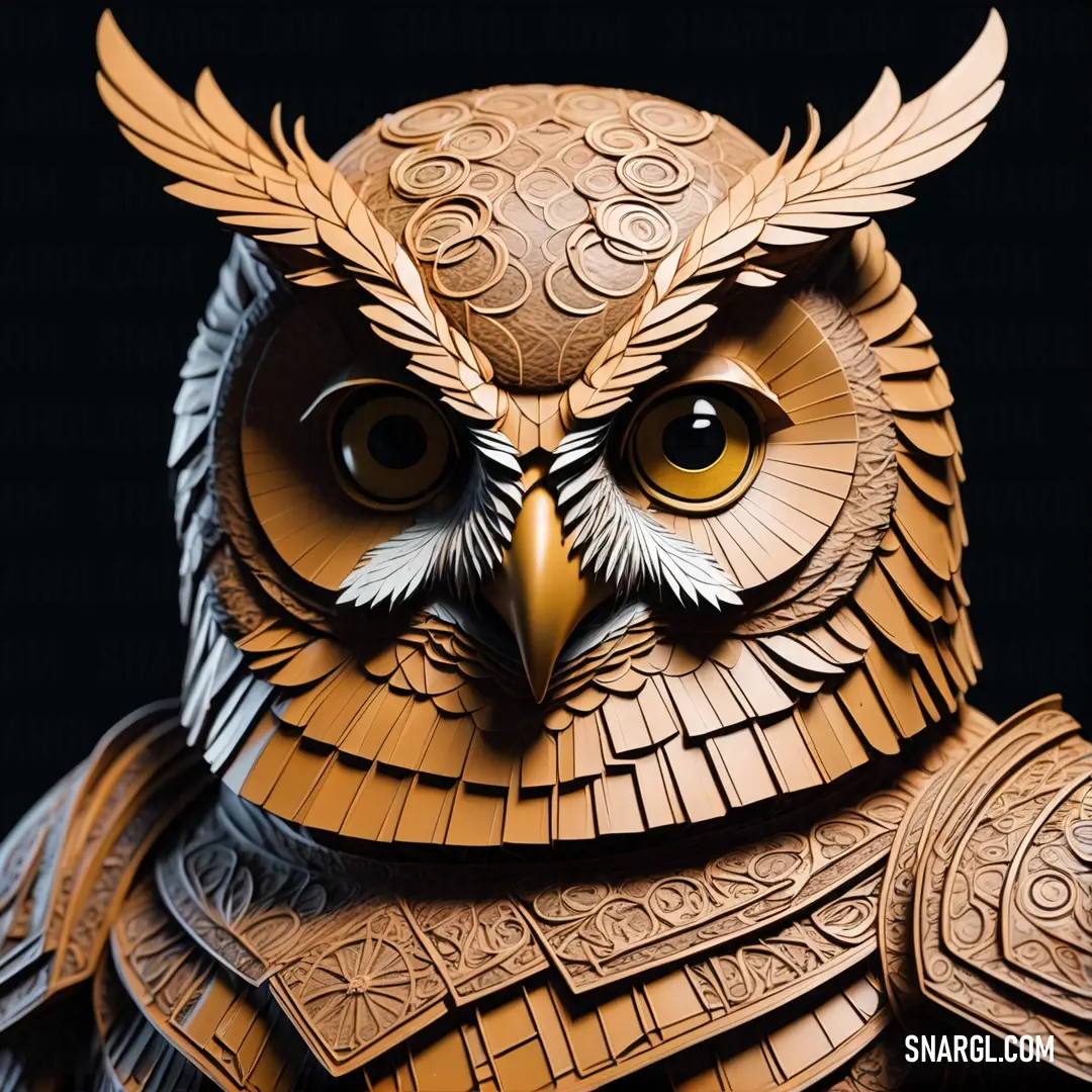 Wooden owl statue with a leather owl costume on it's chest and wings, with a black background. Color CMYK 0,40,68,25.