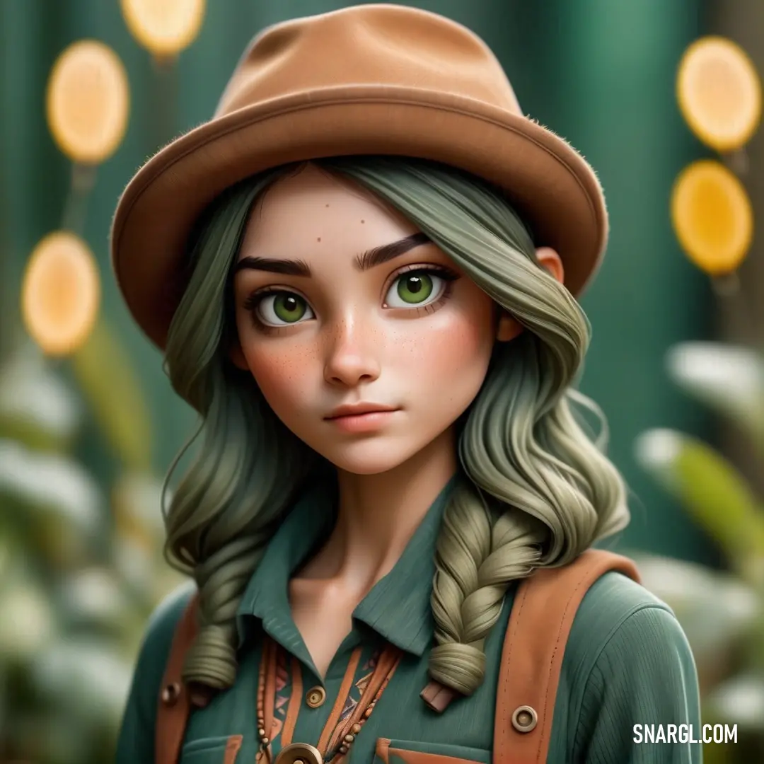 Digital painting of a girl with green eyes and a hat on her head. Color CMYK 0,45,65,25.