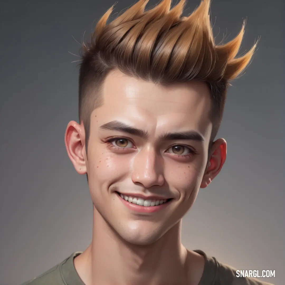 Man with a mohawk and a smile on his face with a spiked mohawk on his head and a green shirt. Color RGB 181,119,71.